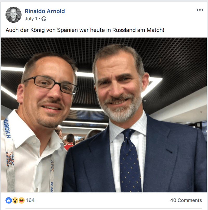 Screenshot eines Facebook-Posts von Rinaldo Arnold mit König Felipe VI. von Spanien
